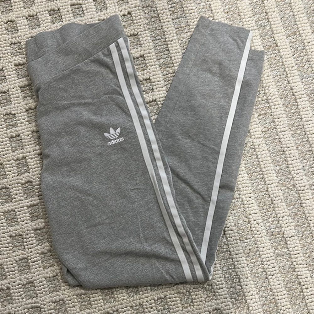 Adidas Gray and White Leggings with Iconic Stripes